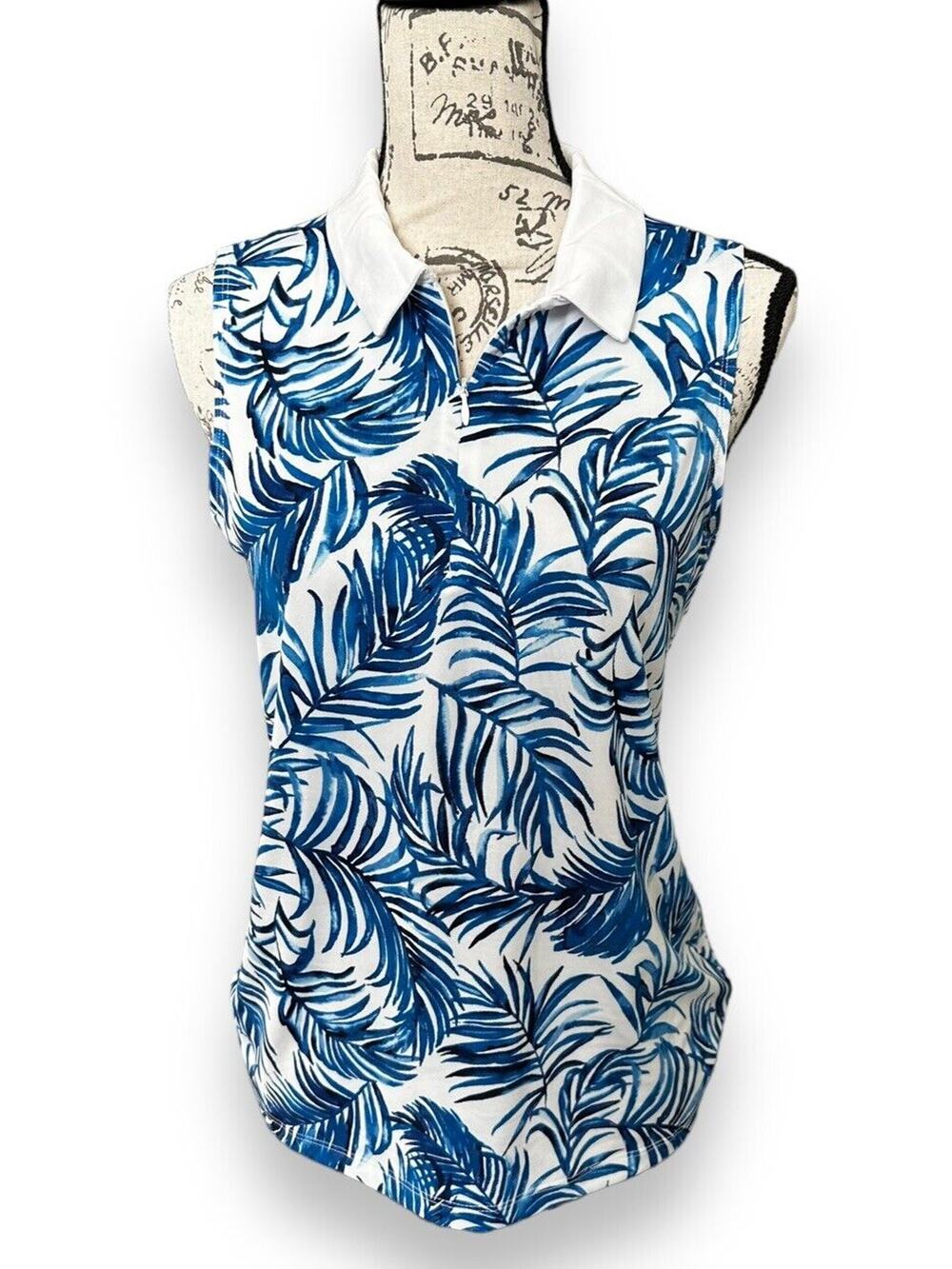 New Tommy Bahama Golf Zip Collared Blue White Palm Leaf Tank Top Medium NWT